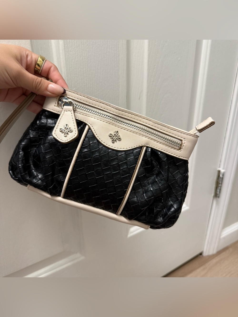 Simply Vera Vera Wang Black Woven Leather Wristlet with Cream Trim